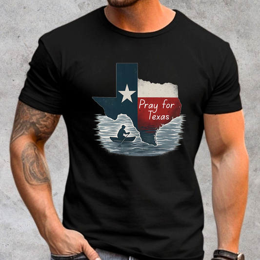 Black unisex Pray for Texas T-shirt featuring a distressed Texas flag design with “Pray for Texas” text and a canoe silhouette. Perfect casual Texas support tee for men or women.