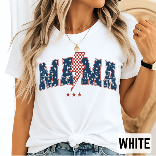 MAMA USA graphic T-shirt in white with patriotic stars and red lightning bolt, unisex fit