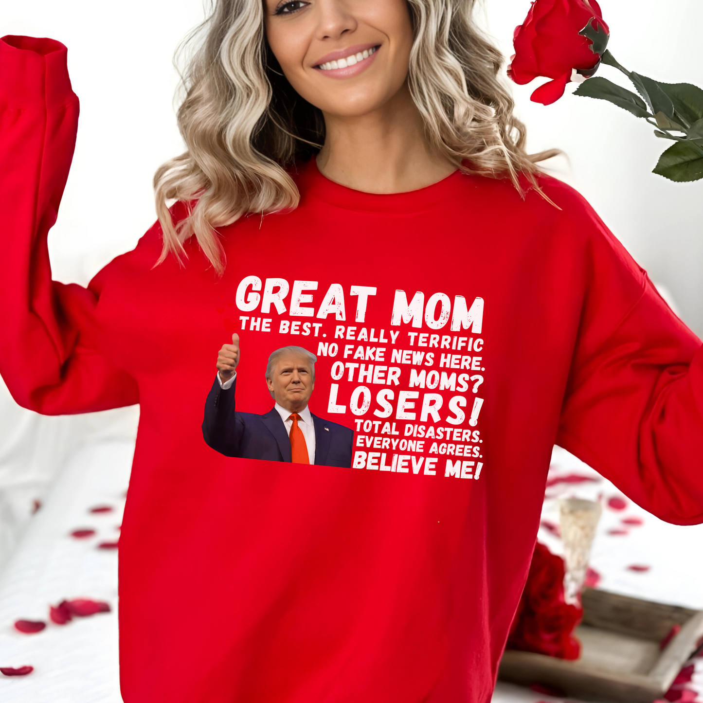 Show your mom she’s the best with this hilarious Great Mom Trump Sweatshirt! Featuring bold text and an iconic thumbs-up image, this design plays on a famous speech style, making it a funny, patriotic, and conservative-friendly gift for Mother’s Day, birthdays, or just because.