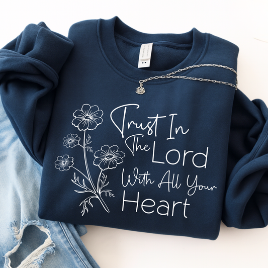 Navy unisex Christian crewneck sweatshirt with trust in the Lord floral graphic