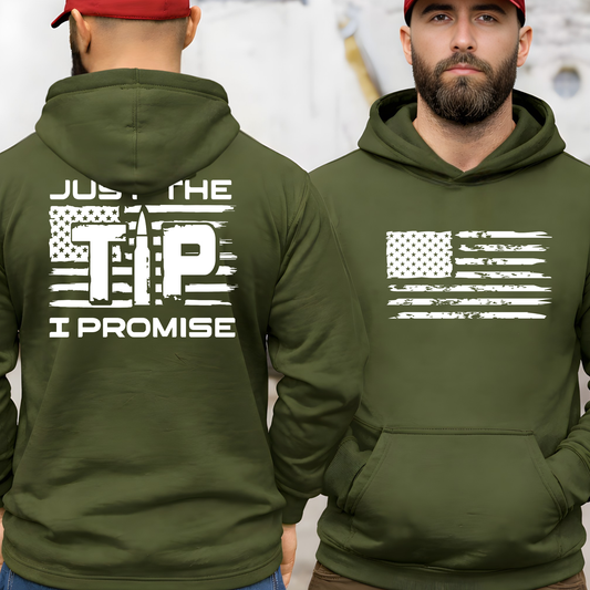 Green hoodie with American flag design and text on front and back worn by a person.