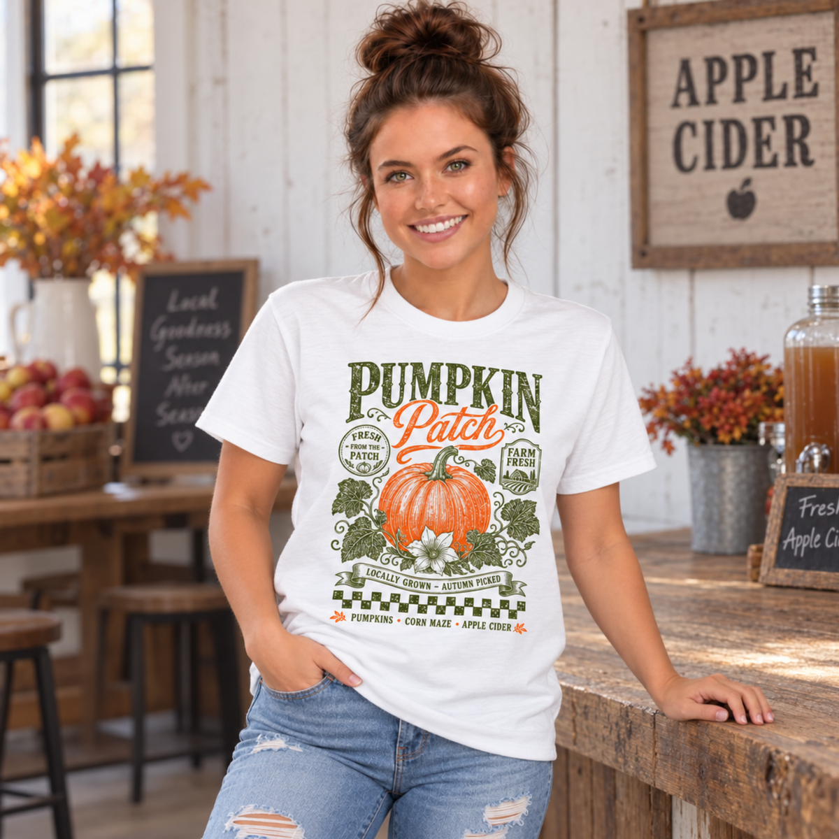 Woman wearing a white T-shirt with vintage Pumpkin Patch pumpkin and floral design inside a rustic apple cider stand
