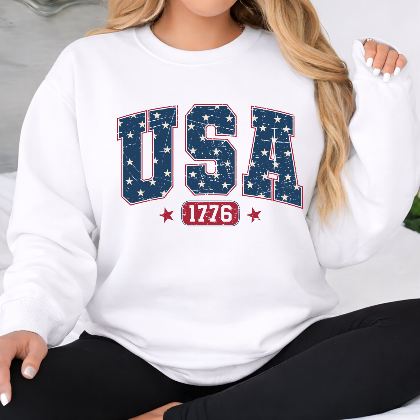 America 250 USA 1776 patriotic white sweatshirt, distressed American flag design, celebrating 1776 to 2026