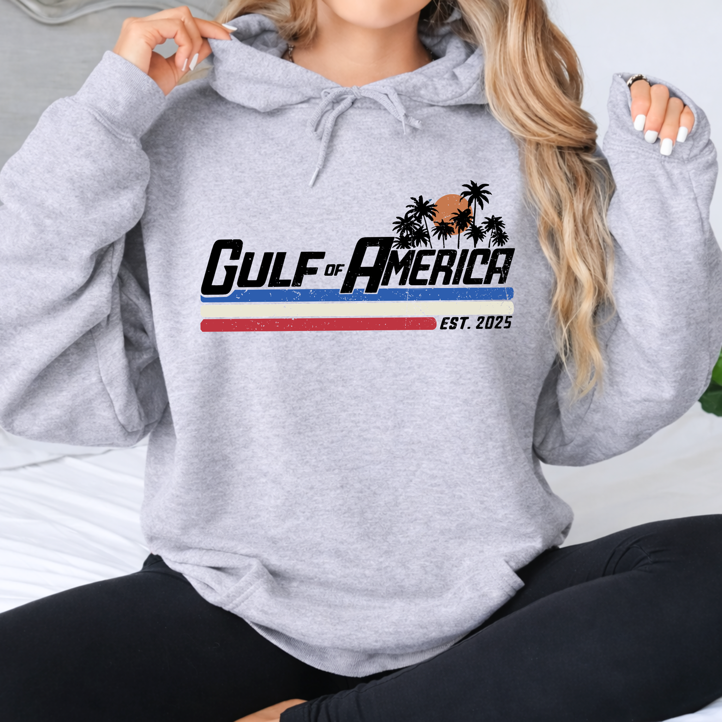 gulf of america est 2025 gray hoodie retro beach graphic