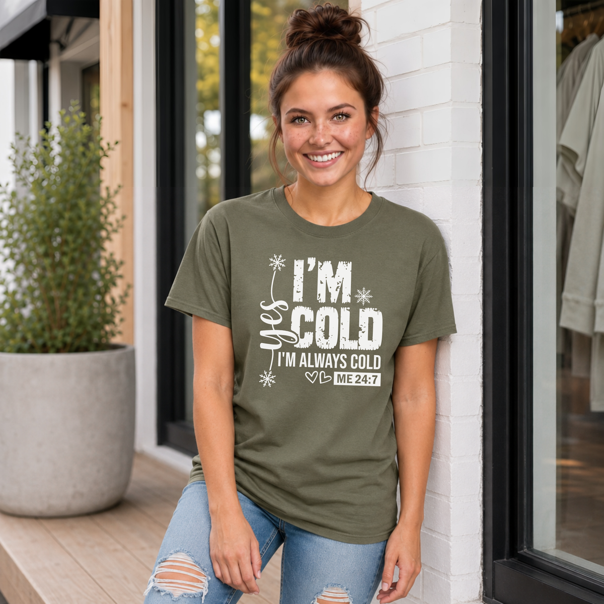 Military green T-shirt with Yes I'm Cold graphic for women