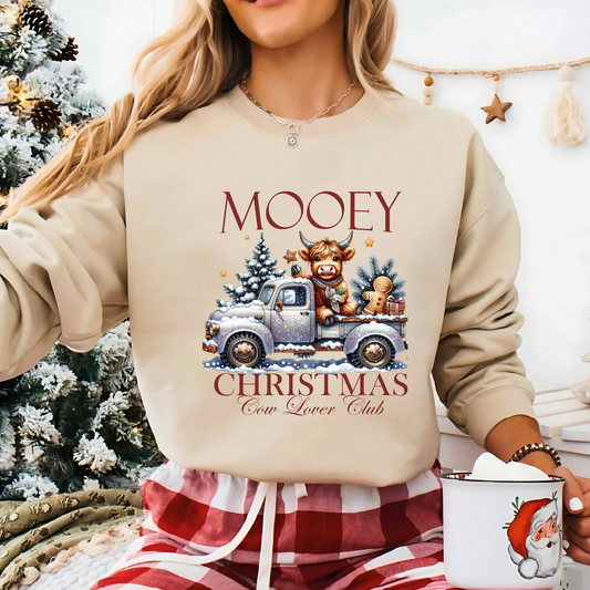 Light Sand sweatshirt with “Mooey Christmas Cow Lover Club” graphic
