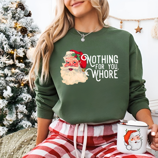 Military Green Sweatshirt Worn by Woman – Woman in olive green Gildan sweatshirt with offensive holiday quote.