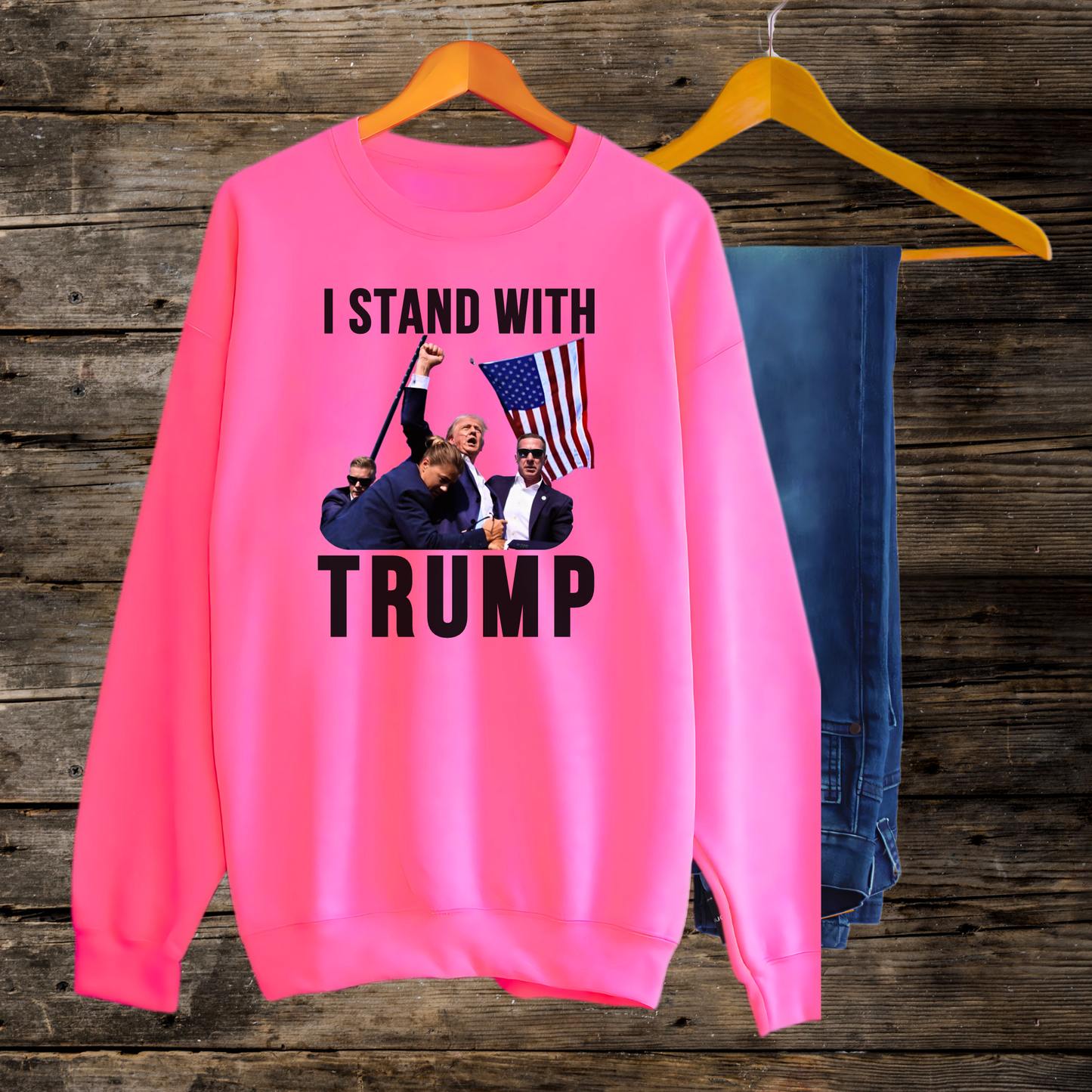 Close-up of Pink sweatshirt with Trump and Secret Service design – conservative pro-Trump pullover