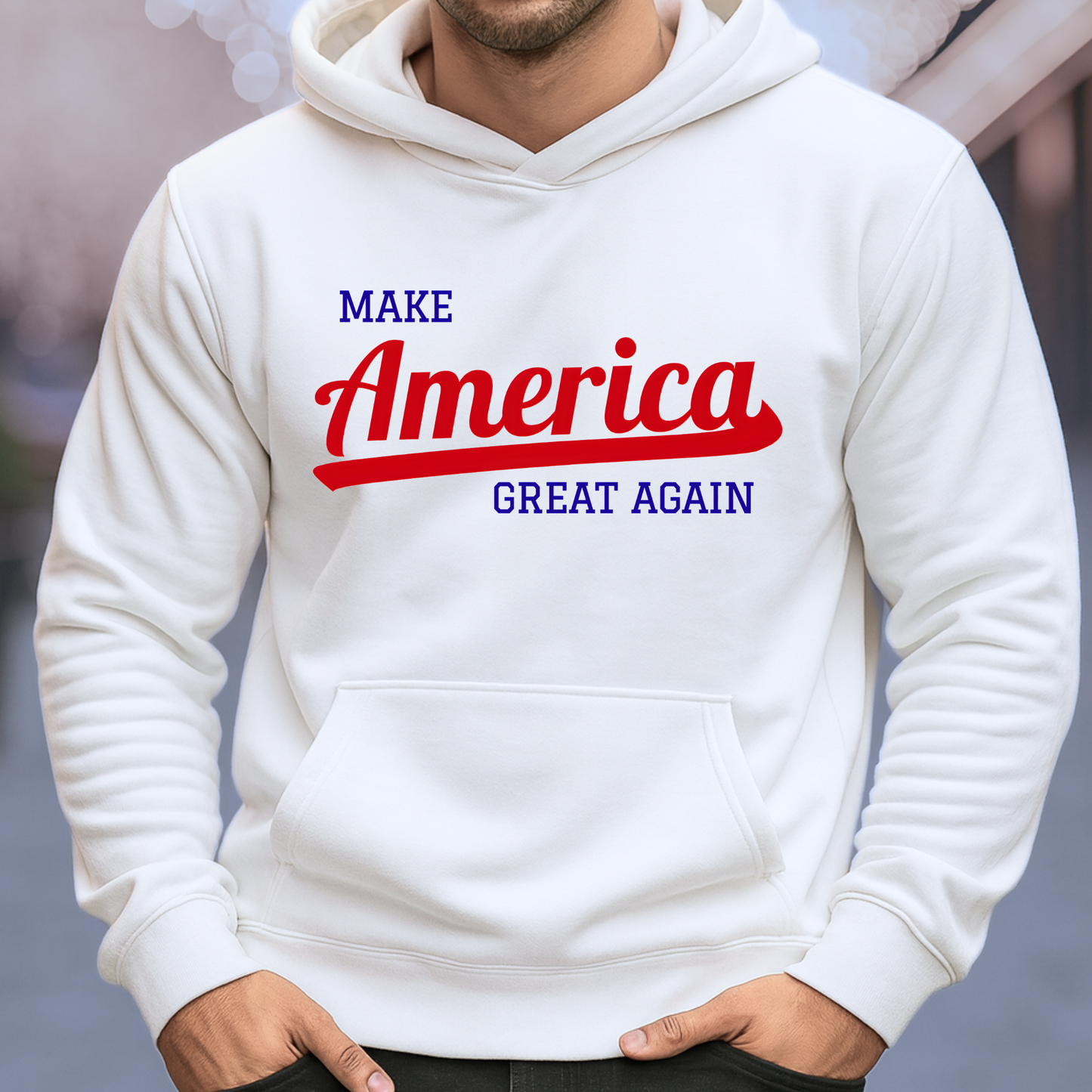 Make America Great Again hoodie front view, patriotic red white blue graphic on white hoodie