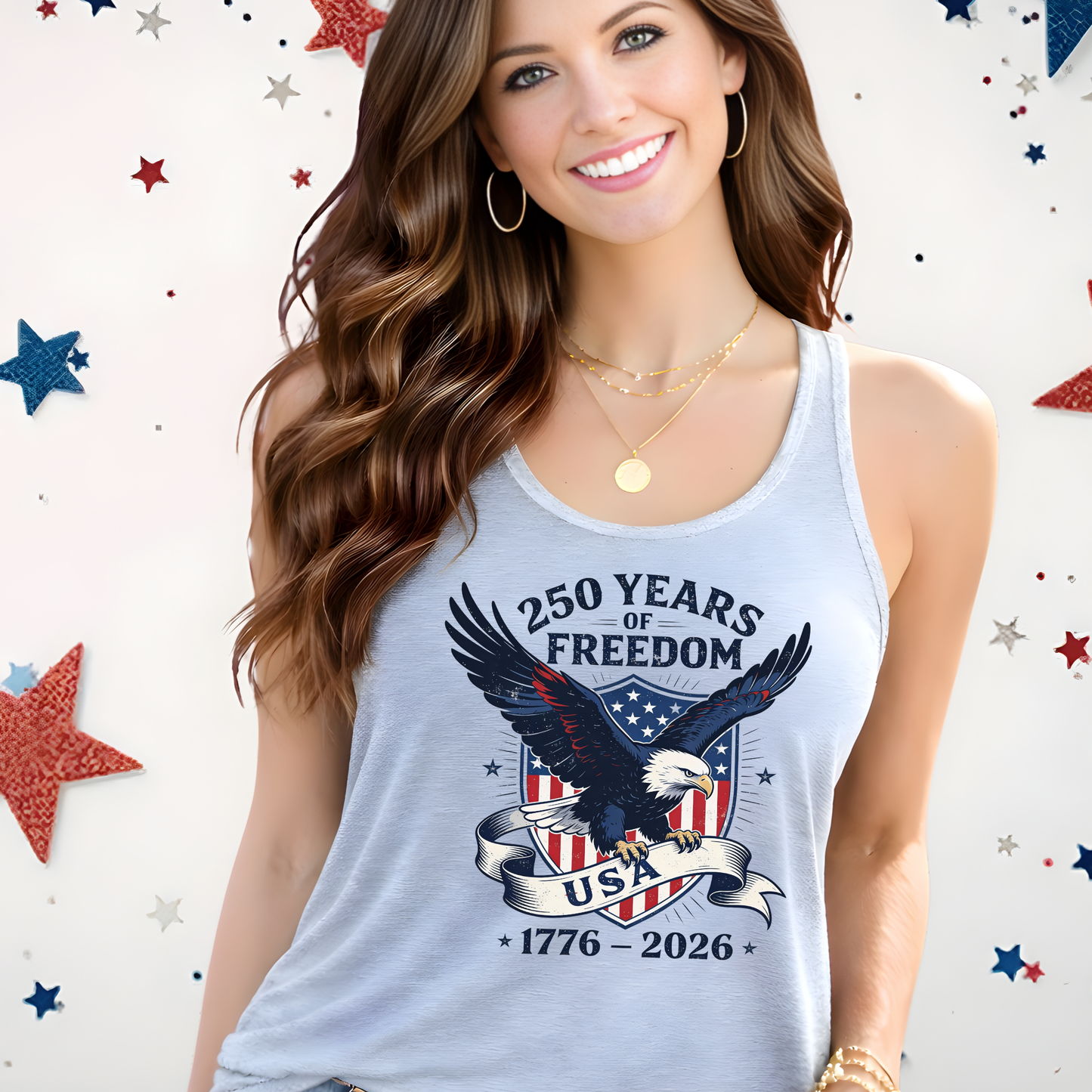 Women's Patriotic Racerback Tank – Sports Gray – America 250 Eagle Tee The Right Side Prints