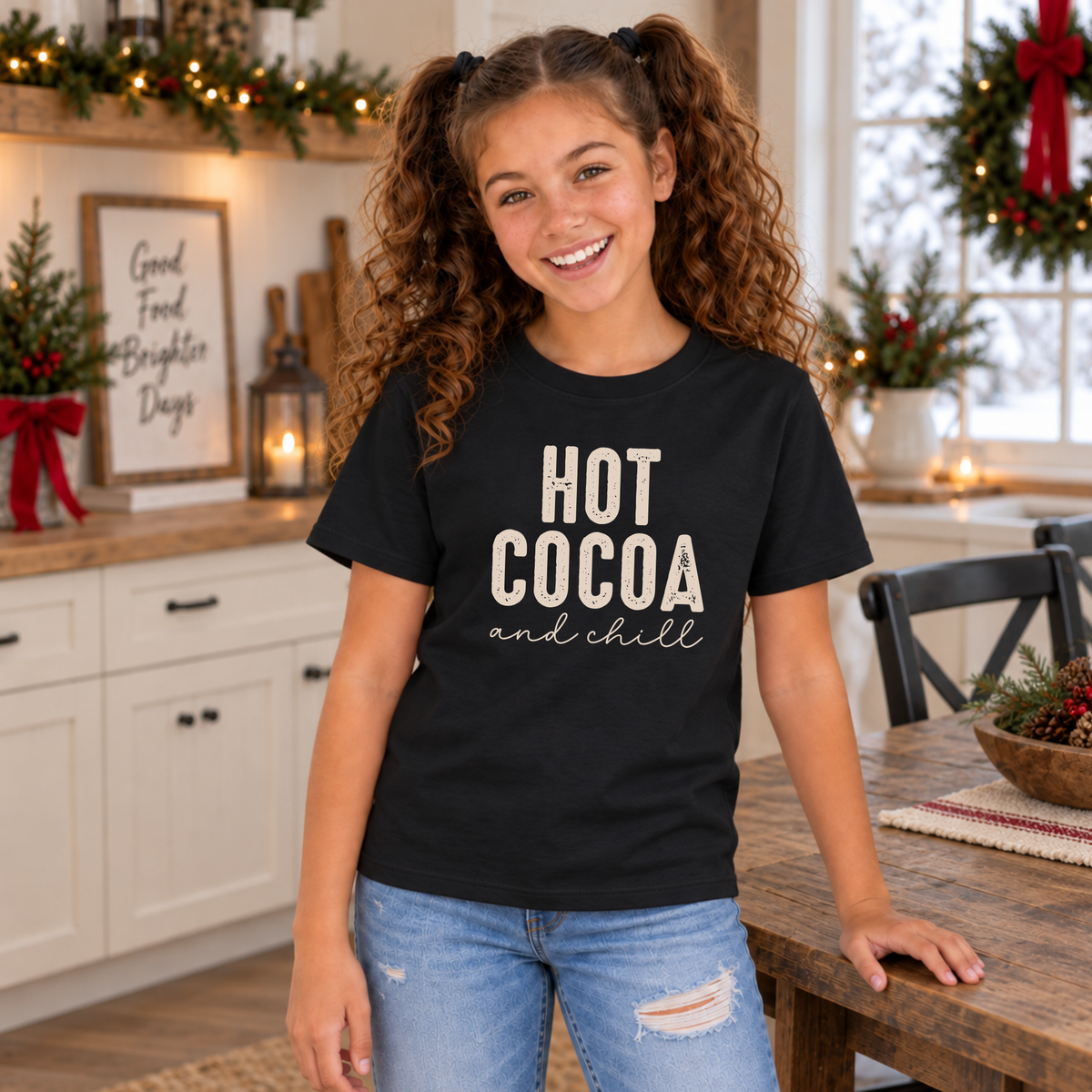 Youth girl wearing a black Hot Cocoa and Chill T-shirt in a festive farmhouse kitchen