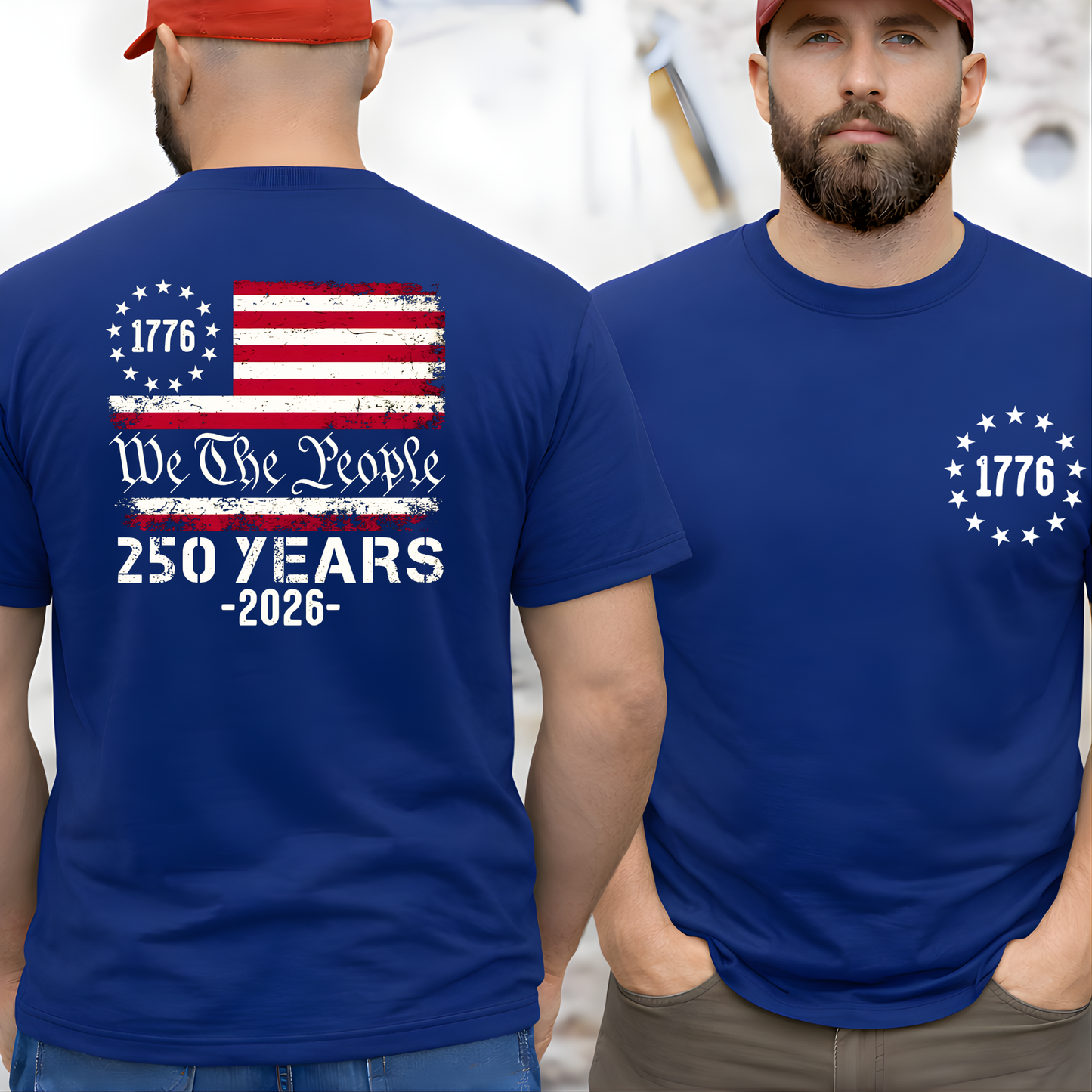 Men’s blue patriotic t-shirt front view with small 1776 star emblem on chest