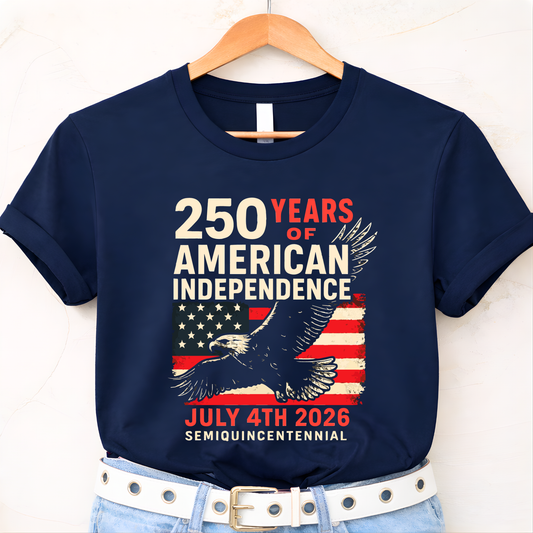 Navy blue t-shirt on hanger with 250 Years of American Independence July 4th 2026 eagle design