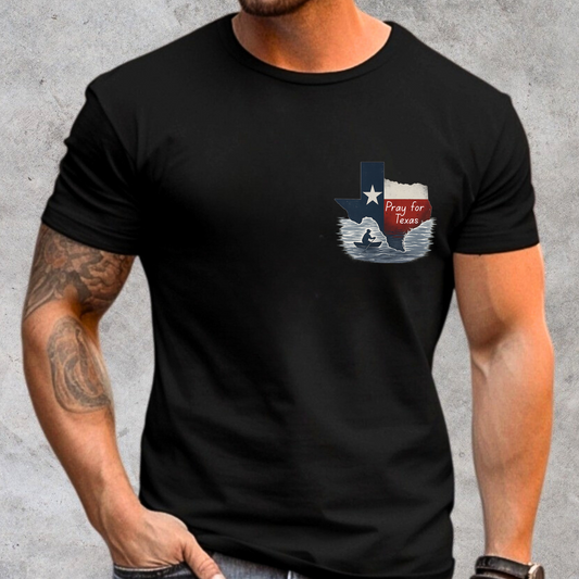 Black Pray for Texas T-shirt with Texas flag and flood relief graphic. Simple and bold support shirt for Texas flood victims.