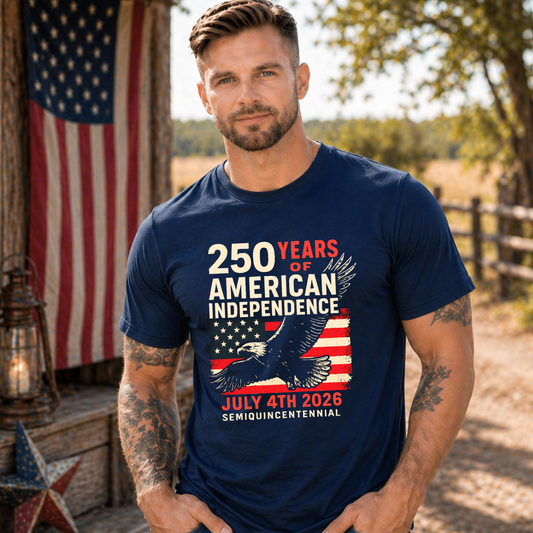 Adult man wearing Navy Blue America 250 patriotic tshirt with eagle and American flag graphic celebrating 250 years of American independence July 4th 2026 patriotic apparel for men.