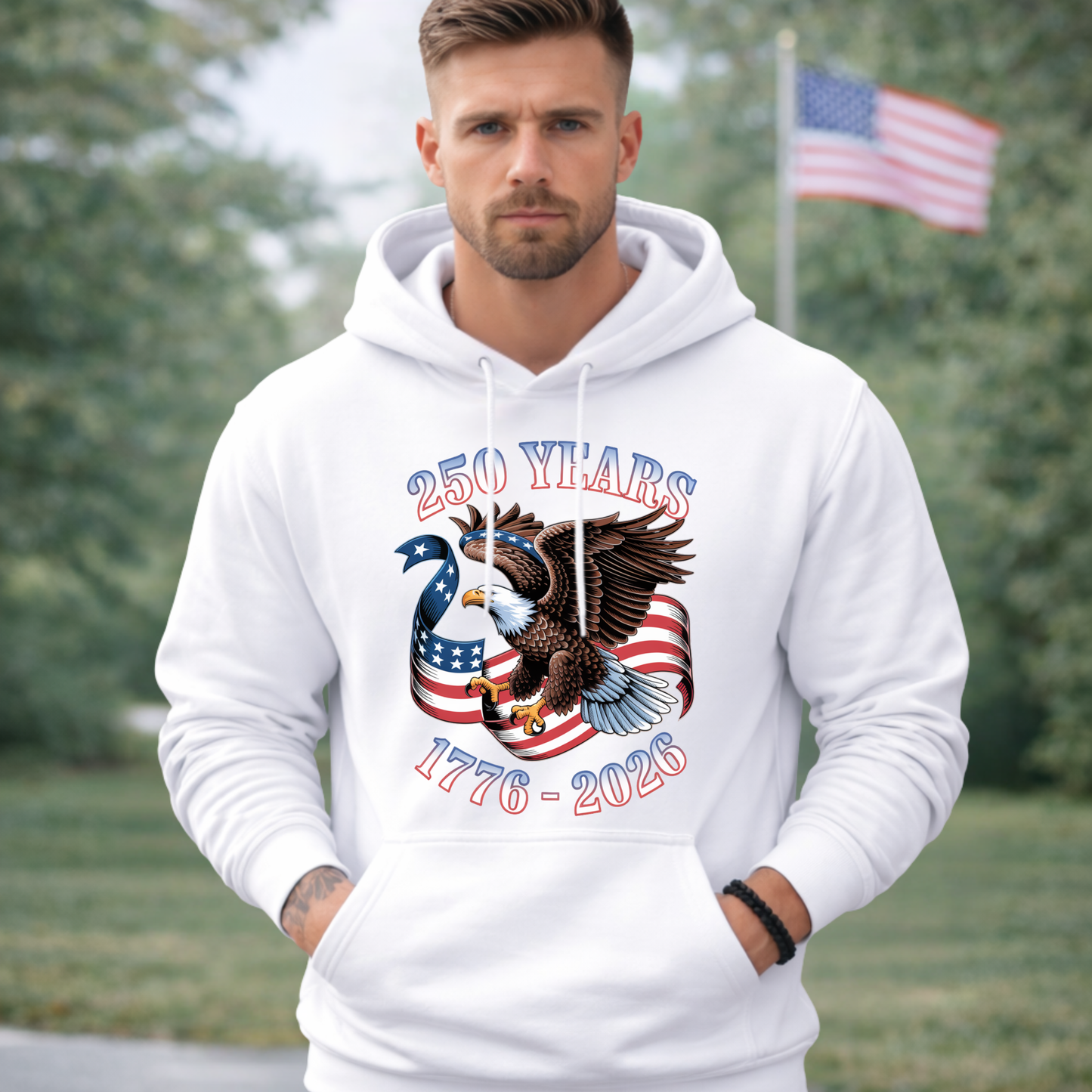Mens white hoodie America 250 eagle patriotic graphic 1776 2026 front view