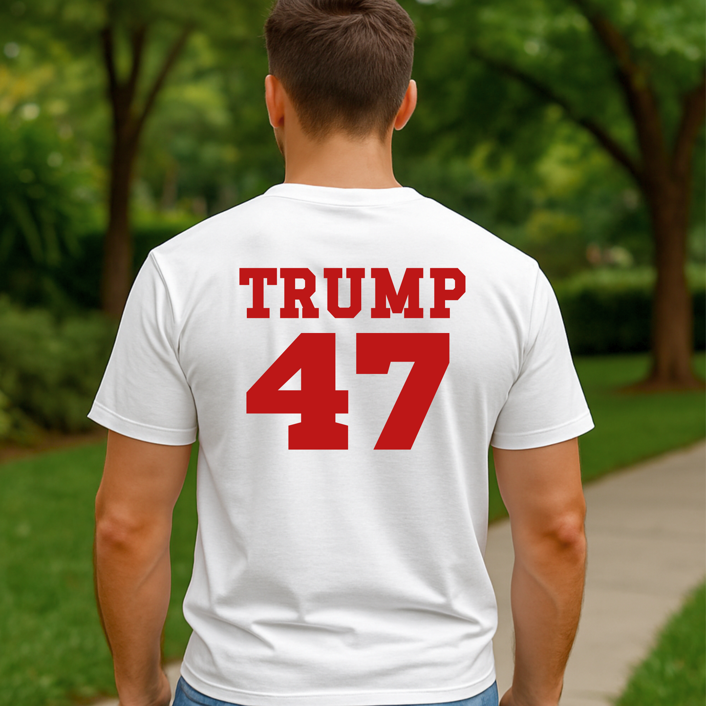 Back view of White men’s T-shirt with patriotic, bold red and blue text graphic design