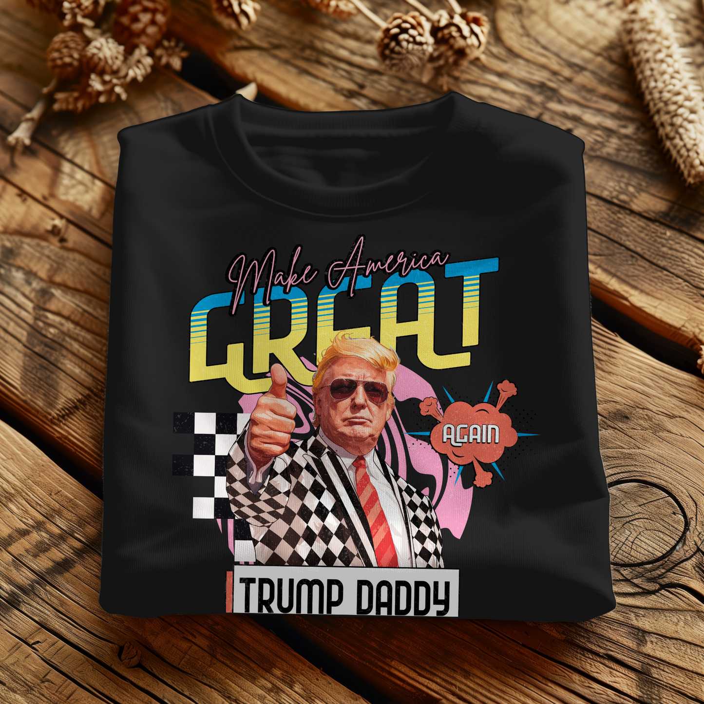 Black oversized Trump sweatshirt with colorful Trump art