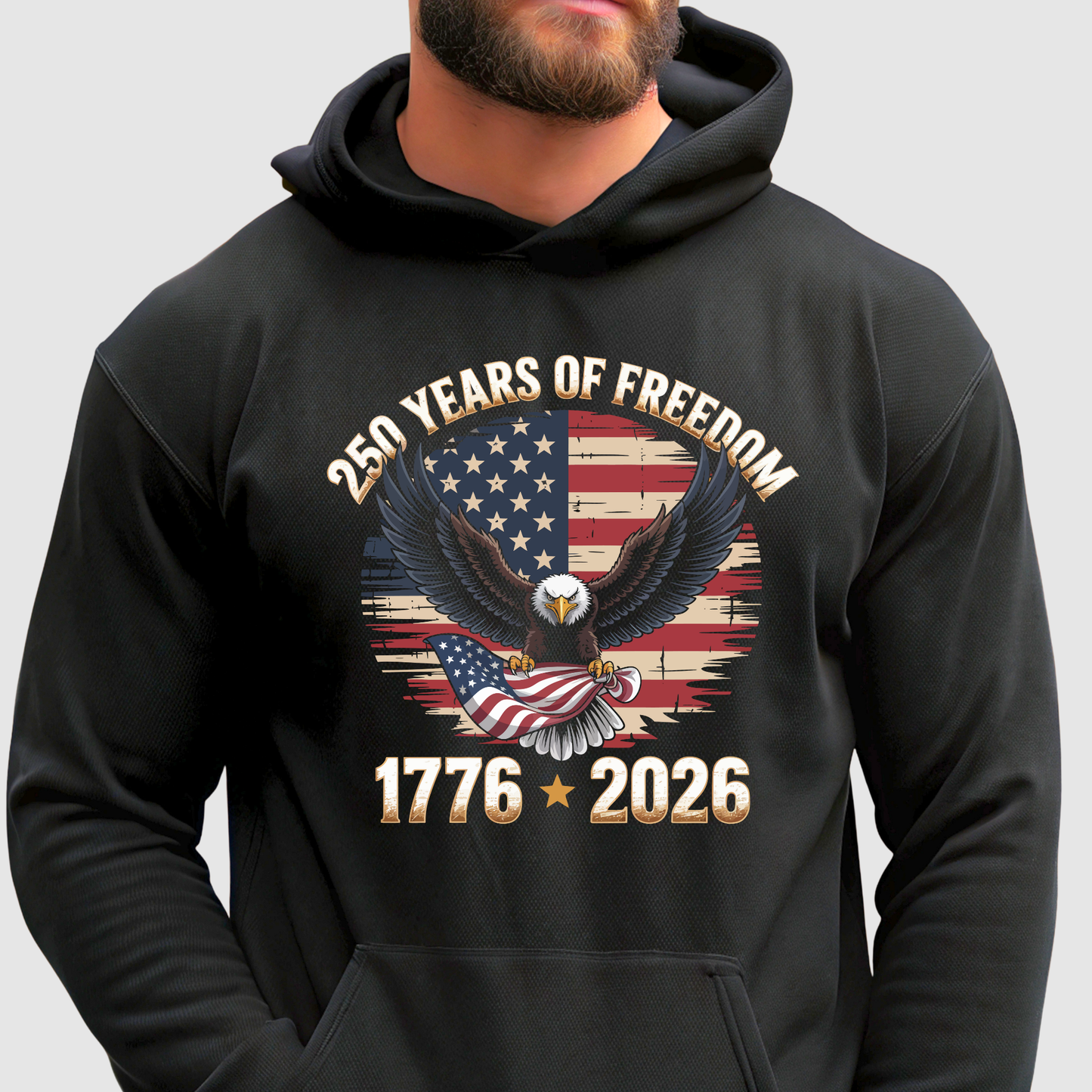 Black hoodie with eagle and American flag design celebrating 250 years of freedom.