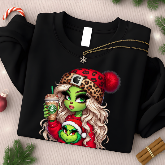 Youth black Christmas sweatshirt with Boujee Green Girl festive graphic. Holiday kids pullover perfect for school Christmas events.