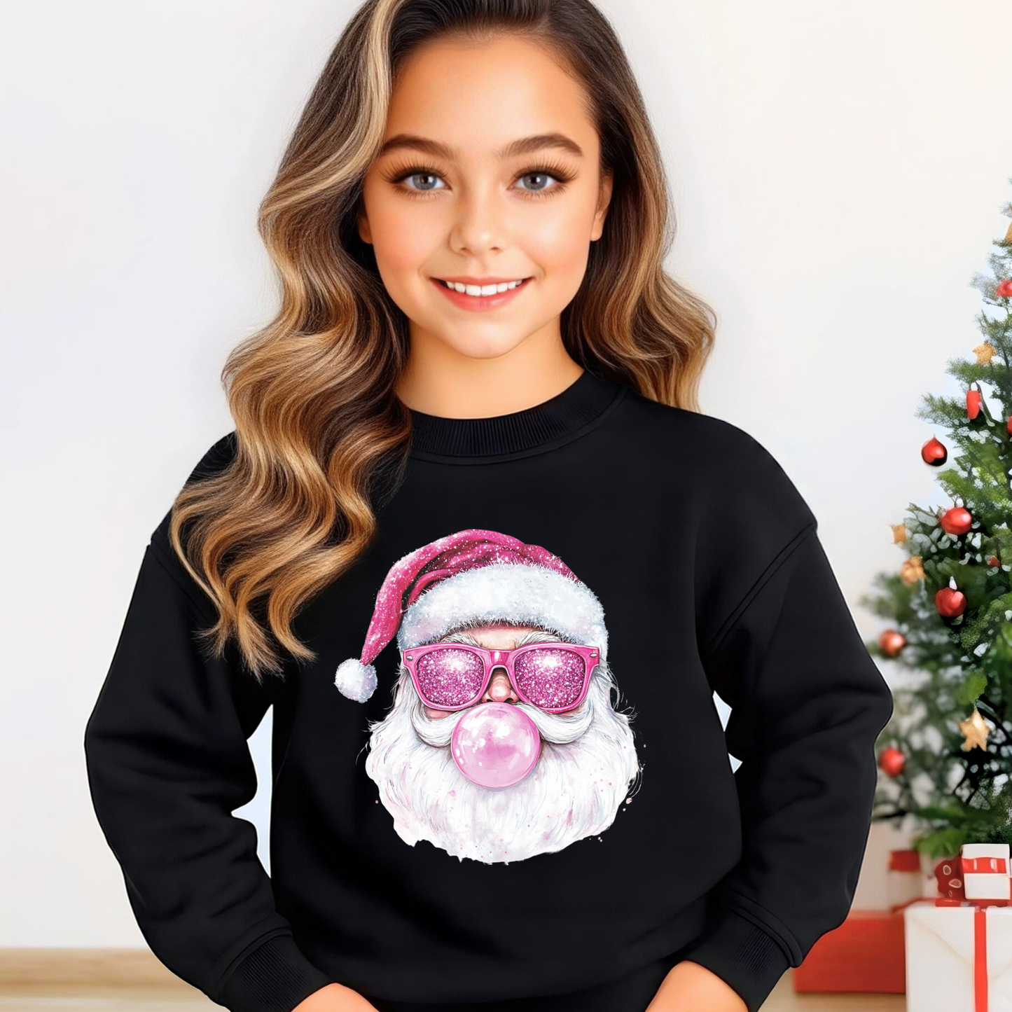 Youth girl wearing black sweatshirt with pink bubblegum Santa design