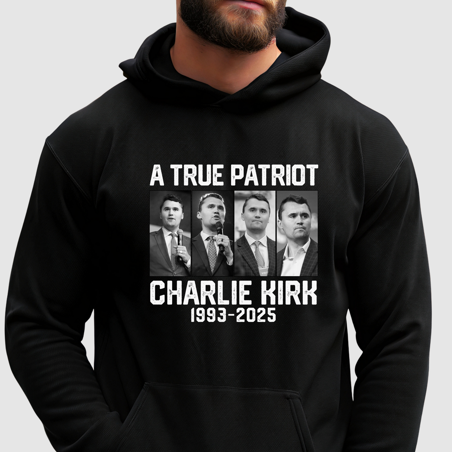 Black Charlie Kirk memorial hoodie with A True Patriot photo tribute, men's conservative memorial sweatshirt 1993-2025 remembrance design