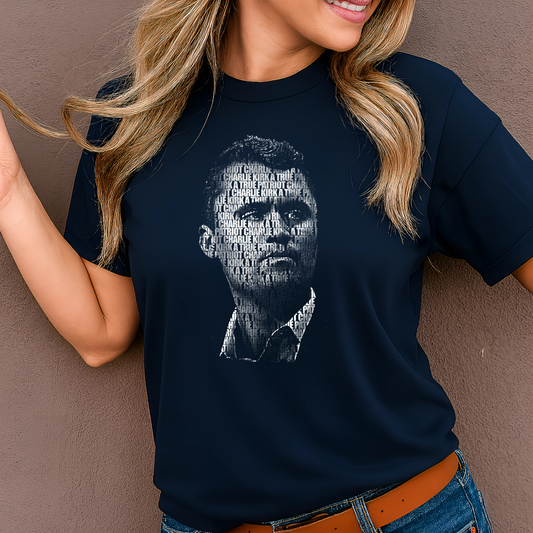 Charlie Kirk memorial t-shirt navy blue typography portrait tribute women's unisex conservative remembrance tee