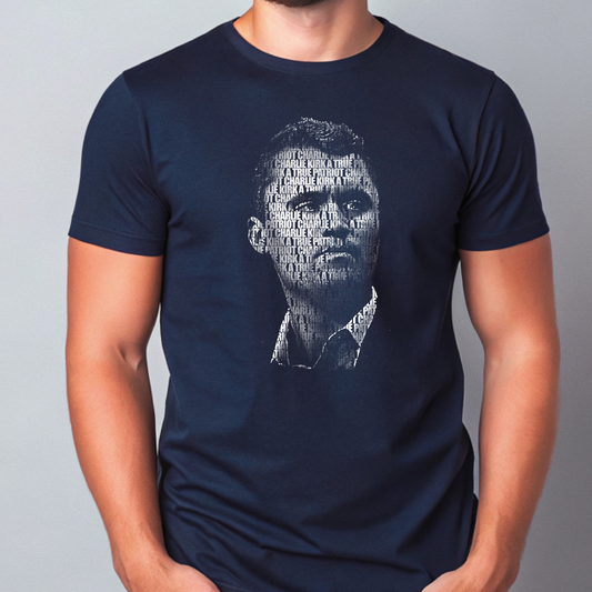 harlie Kirk memorial t-shirt navy blue typography portrait tribute conservative remembrance tee