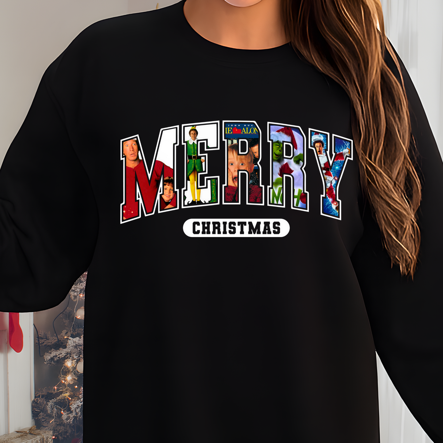 Black fleece sweatshirt with MERRY Christmas collage, close-up detail