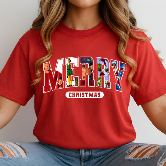 Red unisex T-shirt with MERRY Christmas print, lifestyle image