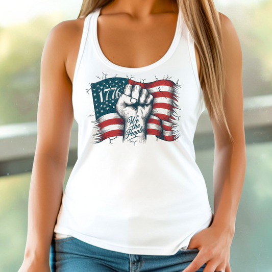 Close-up of tank with patriotic design in casual home setting