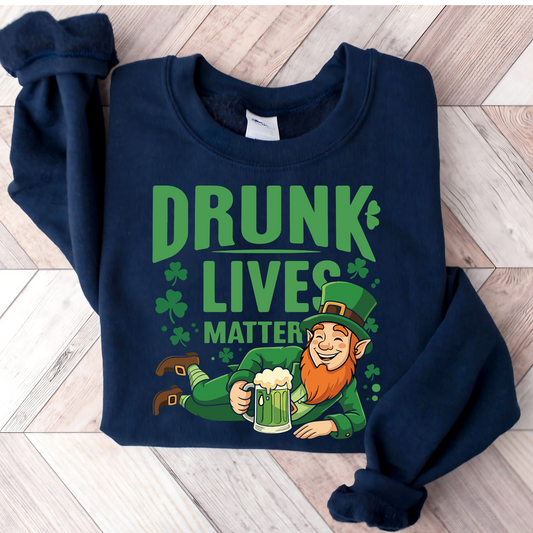 Navy – Funny “Drunk Lives Matter” sweatshirt with leprechaun holding beer – navy blue