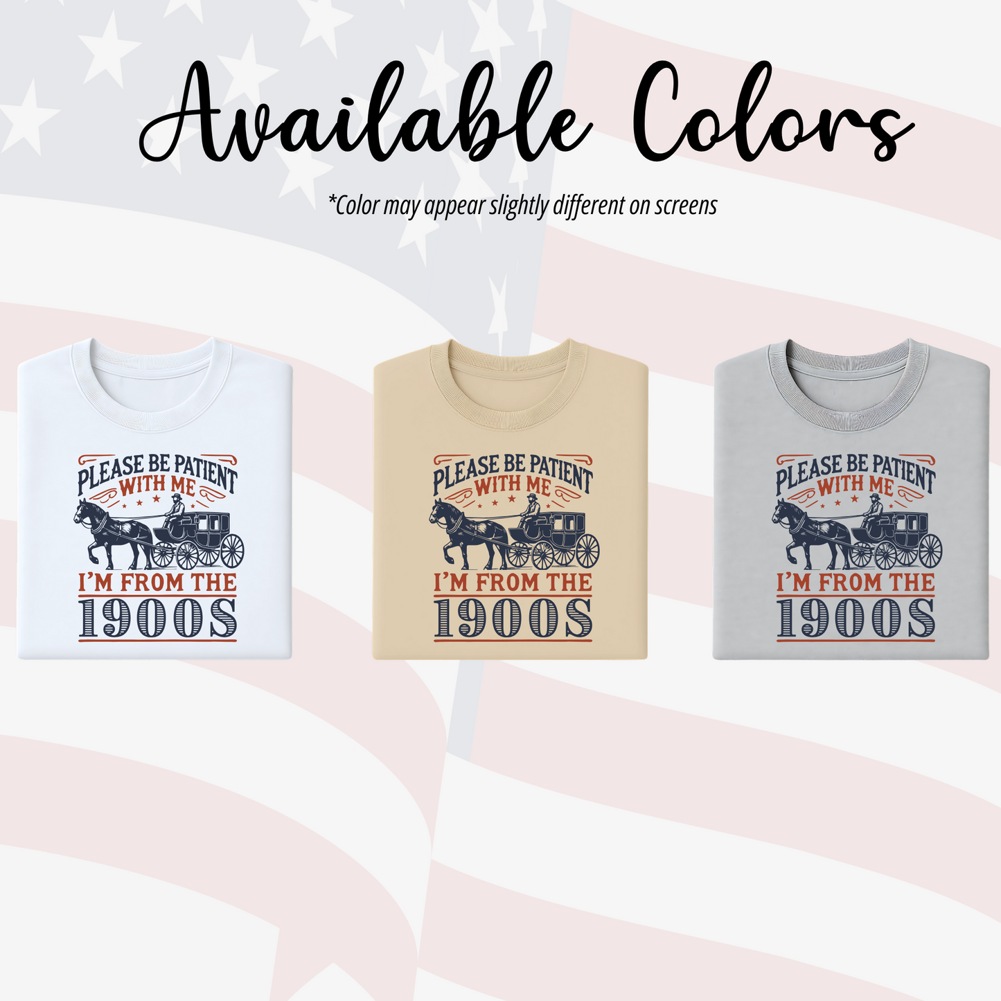 Three shirts with a vintage carriage graphic and text on an American flag background.
