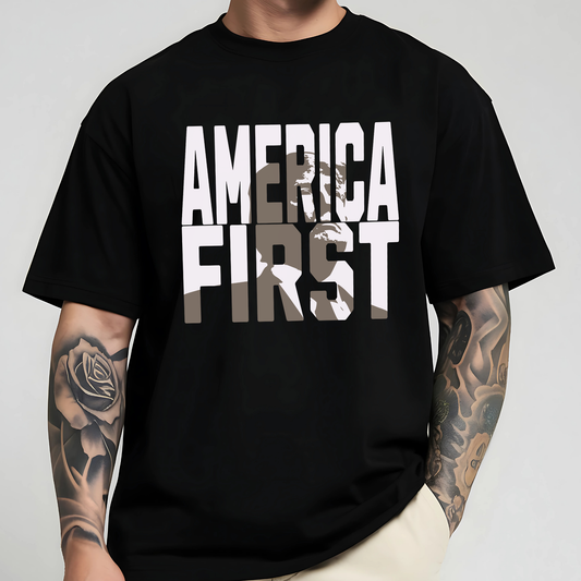 Man wearing black America First graphic tee with tattoo sleeve