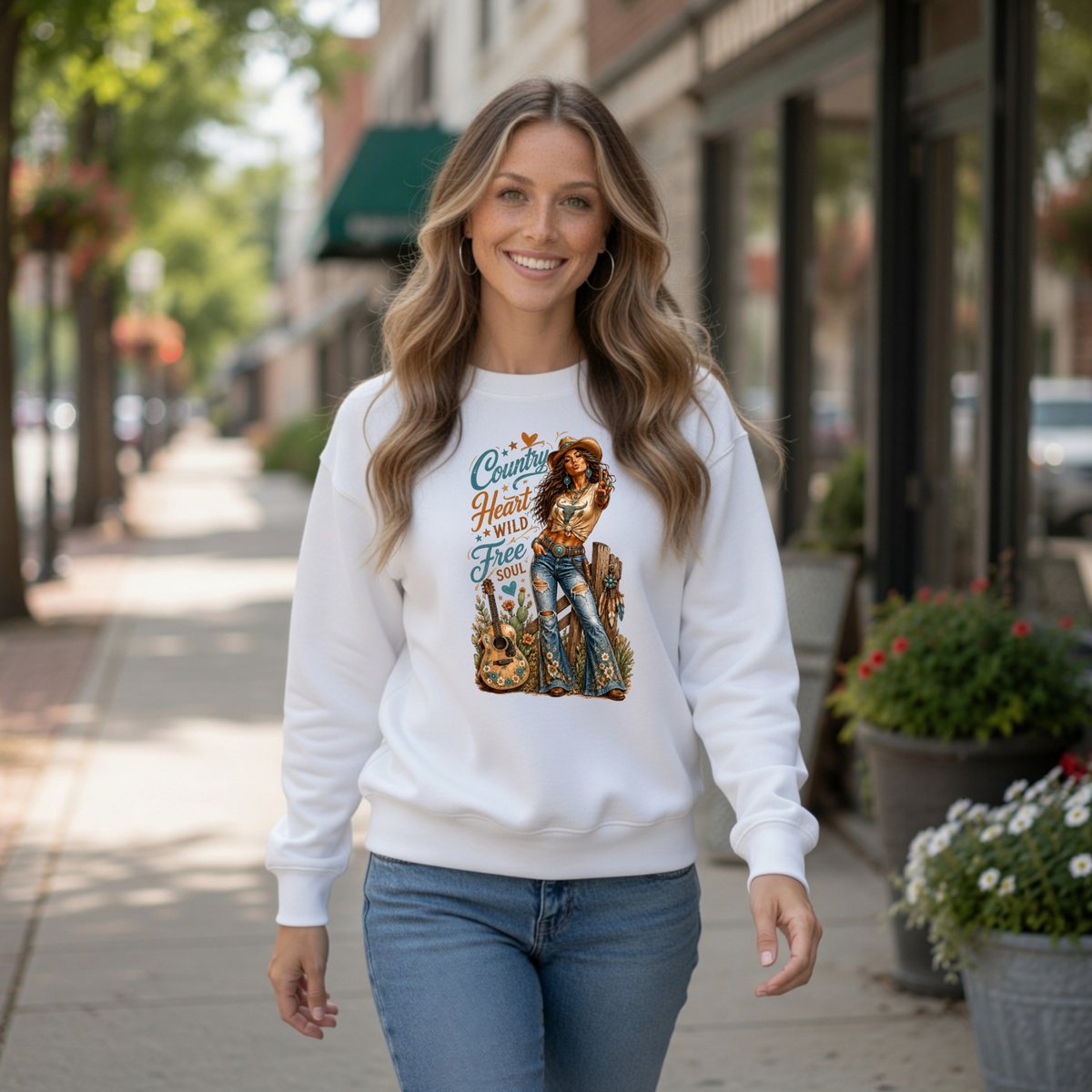 Woman wearing a white crewneck sweatshirt with the Country Heart Wild Free Soul graphic while walking along a sunny small-town sidewalk.