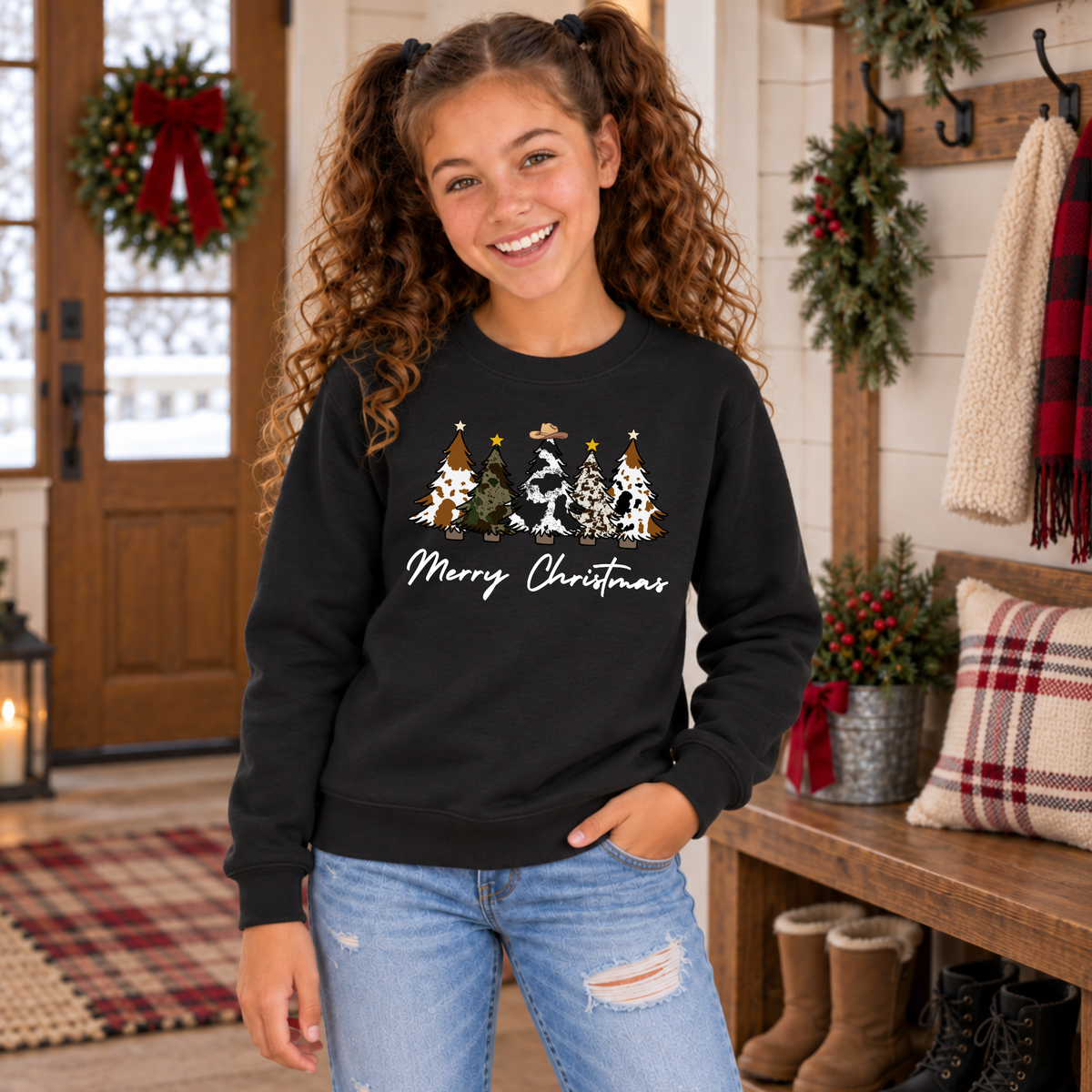 Girl wearing a black Merry Christmas cow print trees sweatshirt near a wreath and farmhouse doorway.