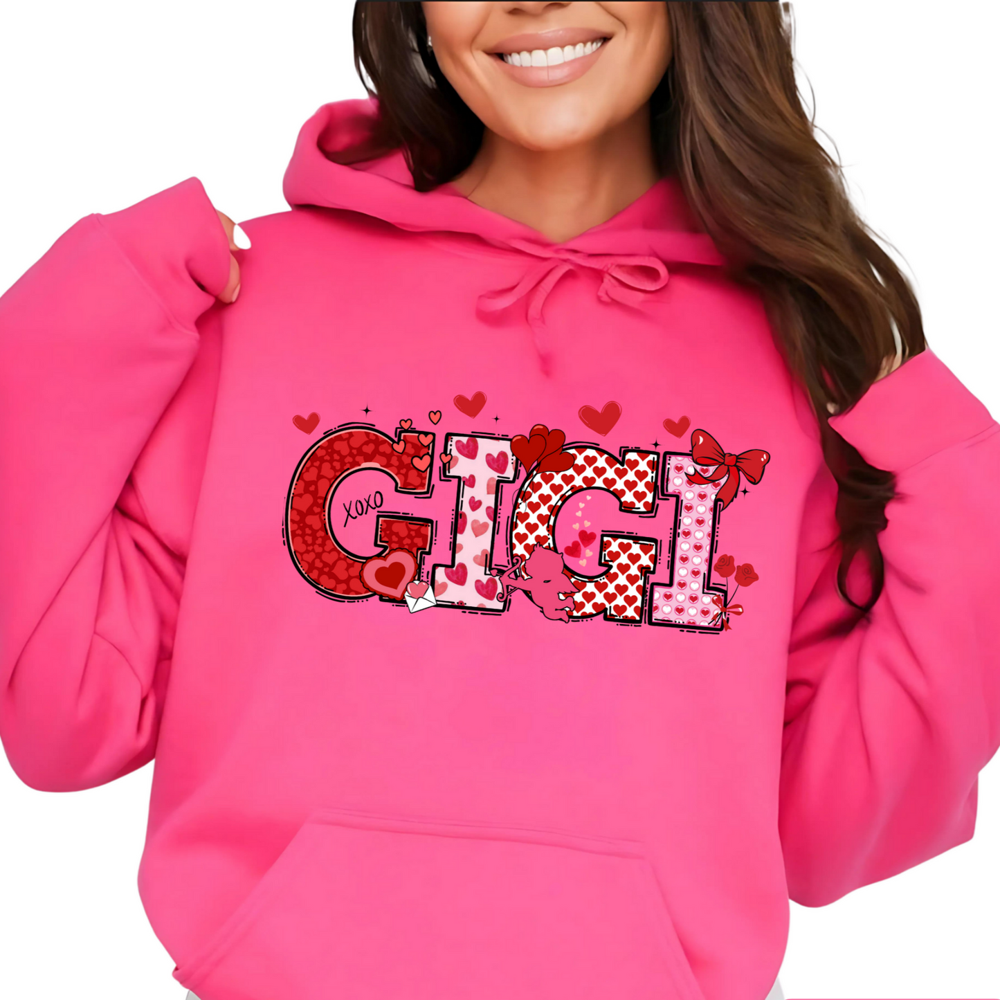 A DARK PINK sweatshirt with a personalized Valentine's Day design, including the name 'GIGI' in a decorative font, surrounded by heart shapes and small decorative elements.