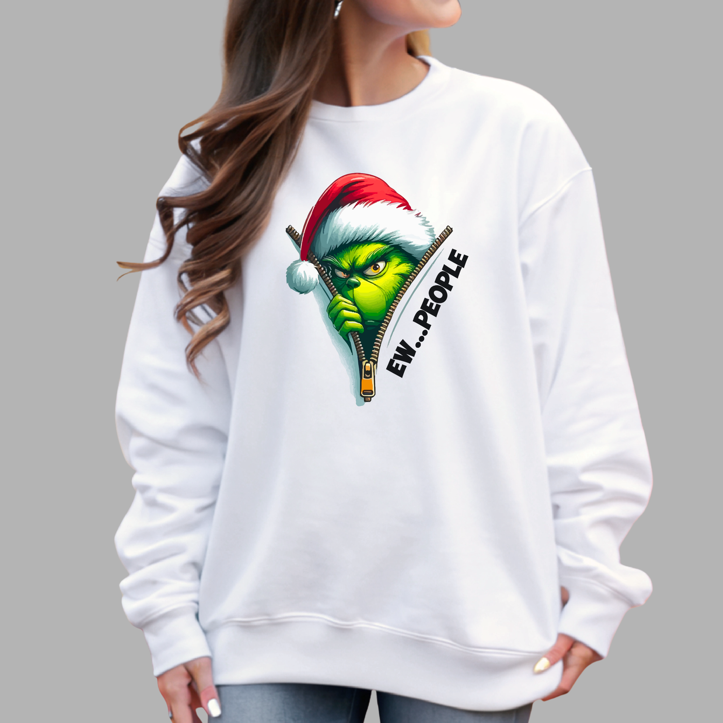 White unisex sweatshirt with Ew People Christmas zipper graphic, cozy winter style.