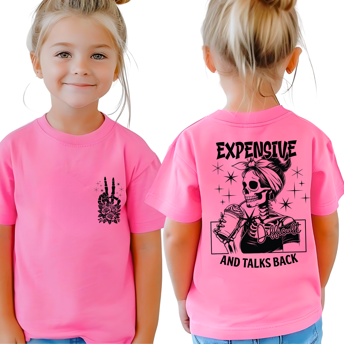 Young girl in hot pink T-shirt with front peace hand design