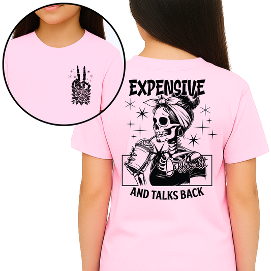 Youth girl wearing light pink skeleton graphic tee, back view