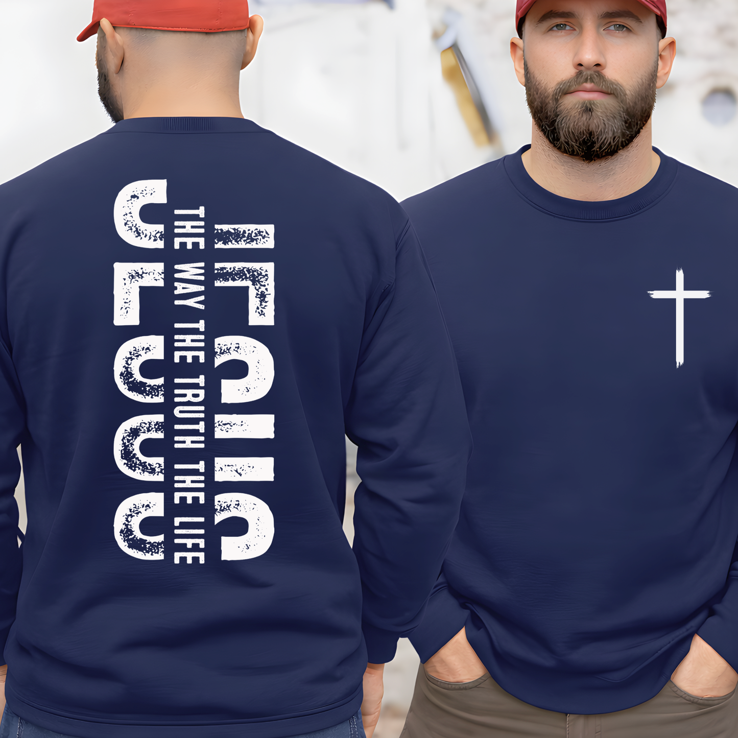 Navy blue Christian sweatshirt front and back with cross chest design and Jesus The Way The Truth The Life back print