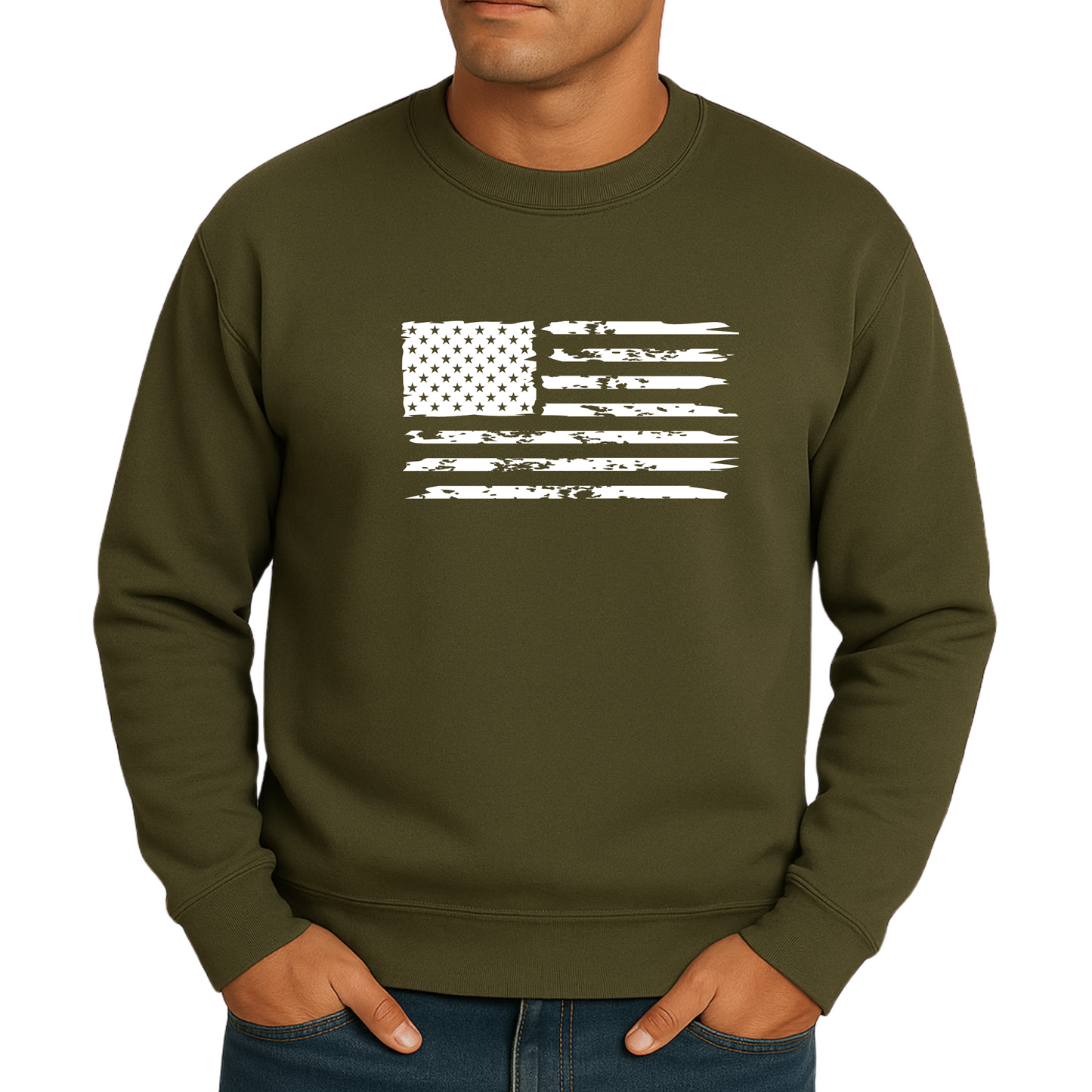 Person wearing an olive green sweatshirt with a white American flag design on a white background