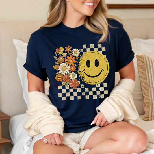 Navy fall t-shirt with retro smiley face and floral checkerboard graphic