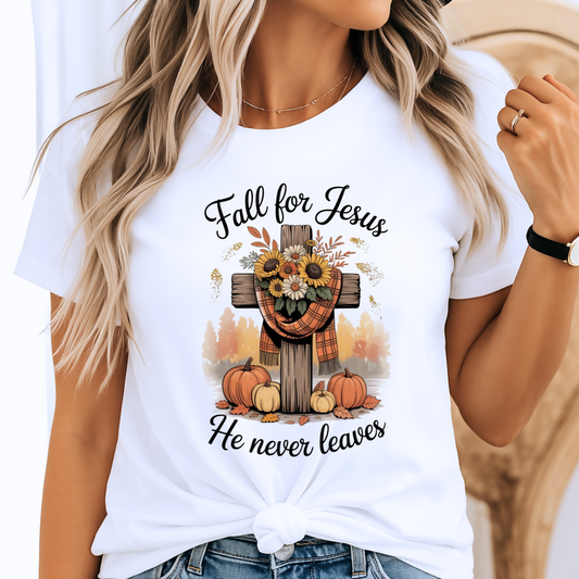 White t-shirt with 'Fall for Jesus' design featuring pumpkins and a cross.