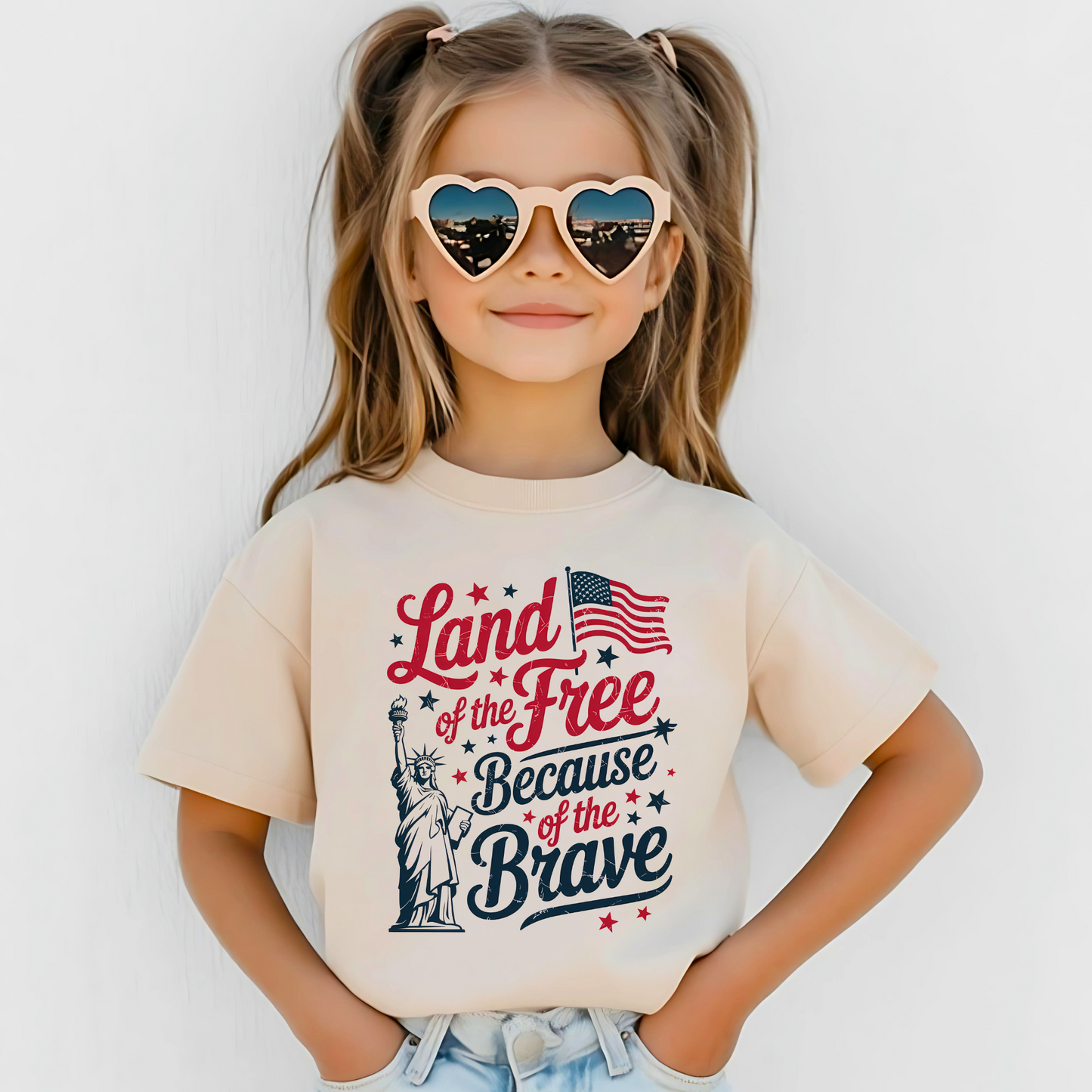 Girl wearing sand-colored youth patriotic T-shirt with Statue of Liberty and flag design