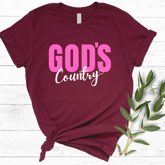 God's Country Christian T-shirt with pink and white text, perfect for patriotic believers who love faith-based apparel
