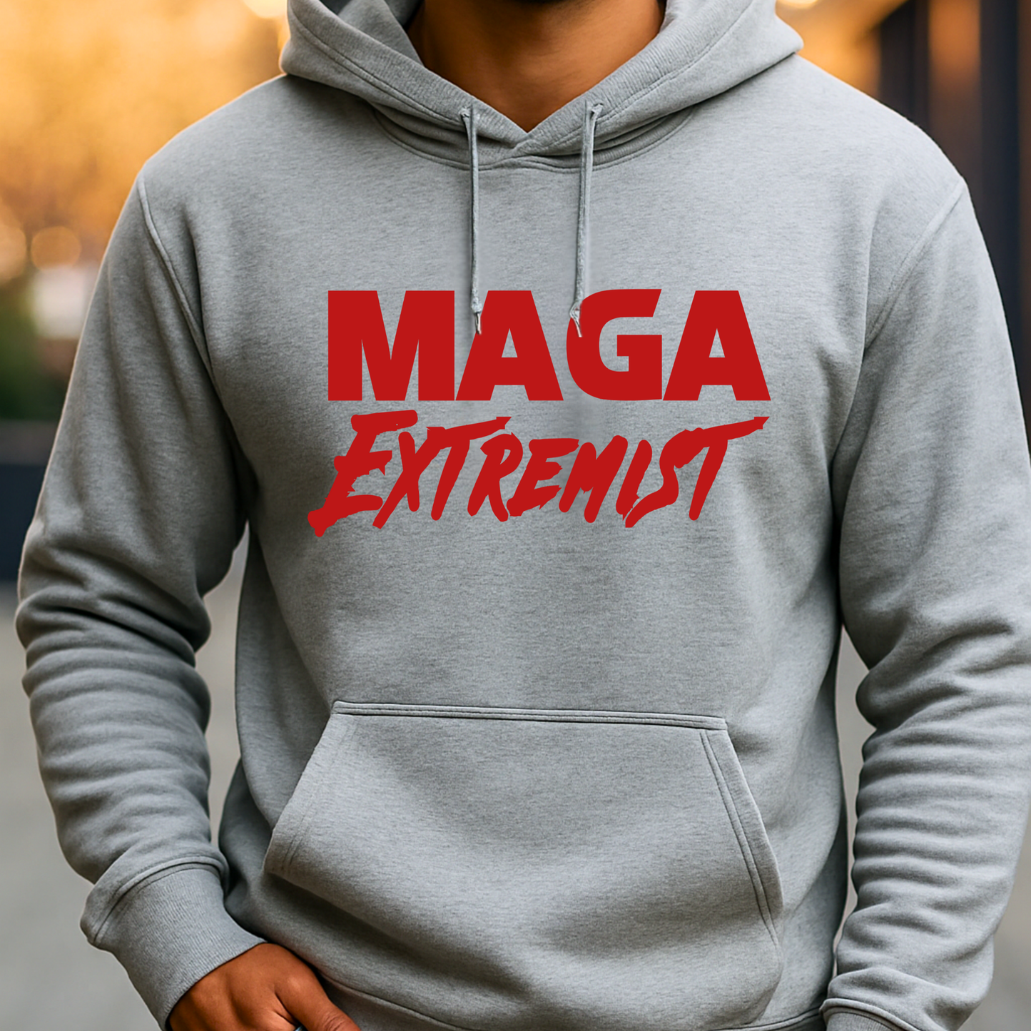 Gray hoodie with bold Red graphic text design, casual pullover style