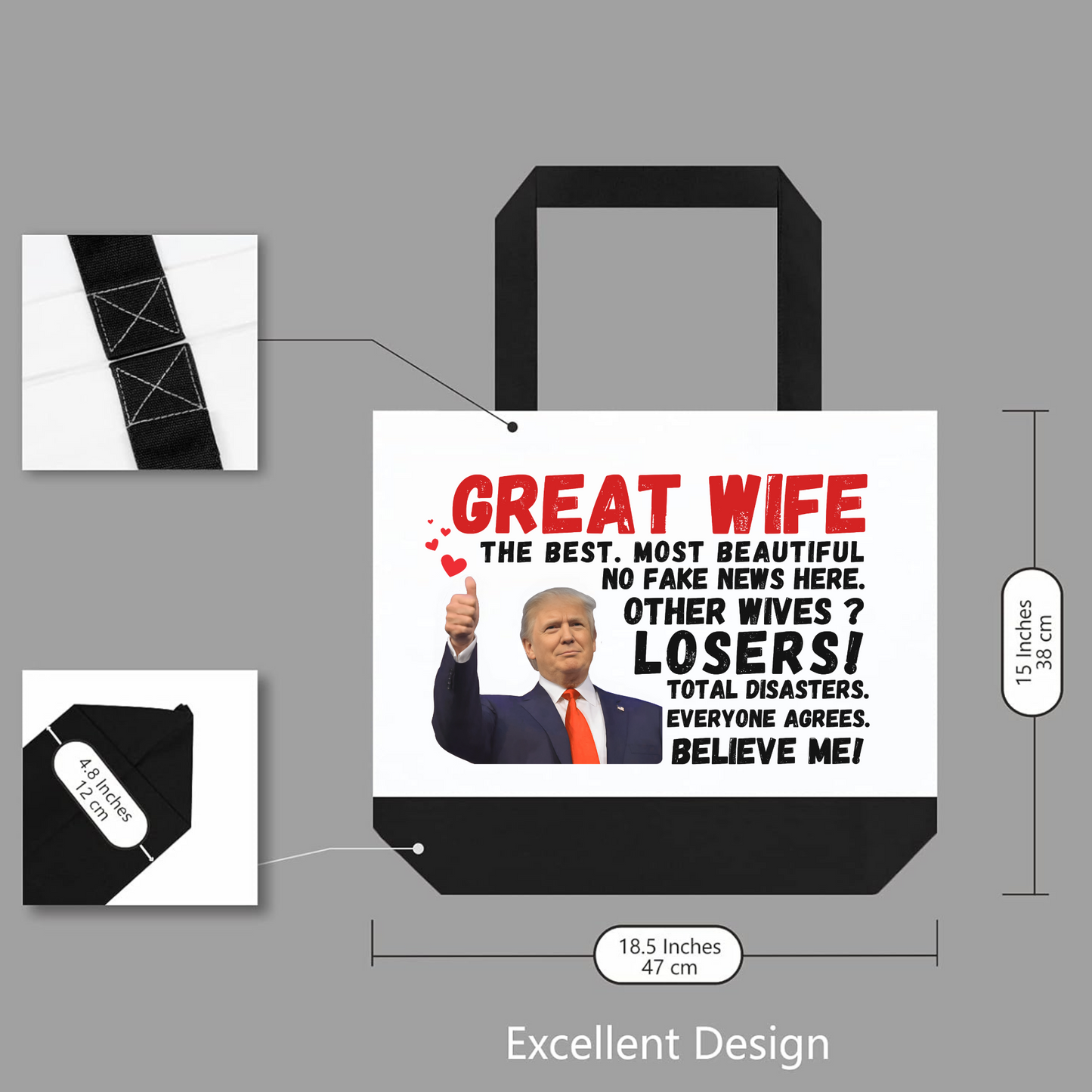 Funny Great Wife novelty tote with Trump thumbs up design with sizes