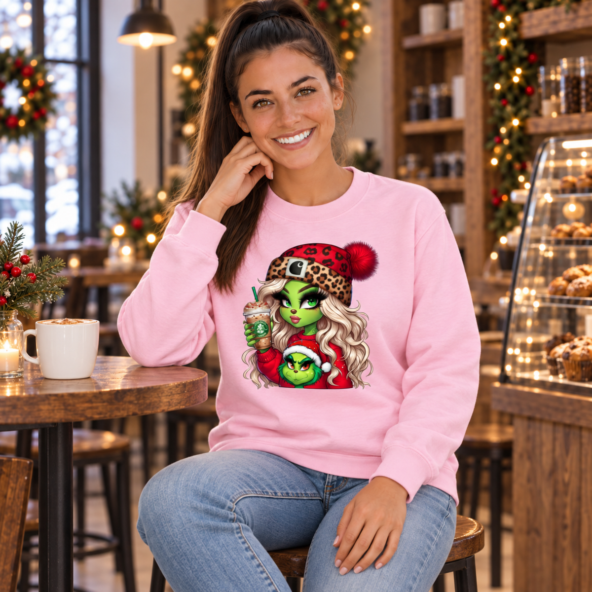 Woman seated at a cafe table in a light pink sweatshirt with the Boujee Green Girl Christmas design
