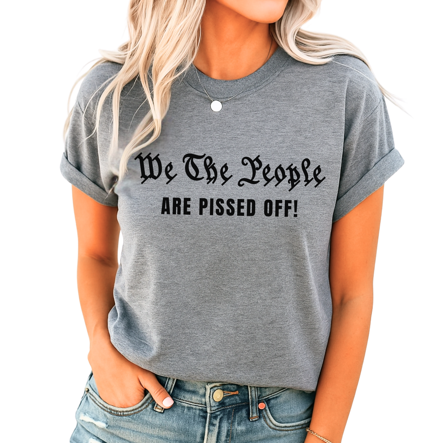 Heather gray USA women’s tee with political graphic